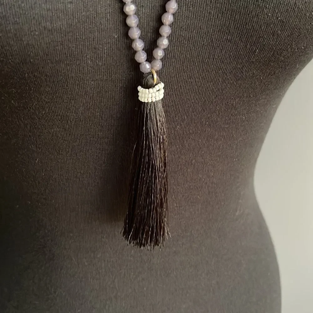J. Crew gray faceted bead black tassel pendant adjustable necklace. NWT.
